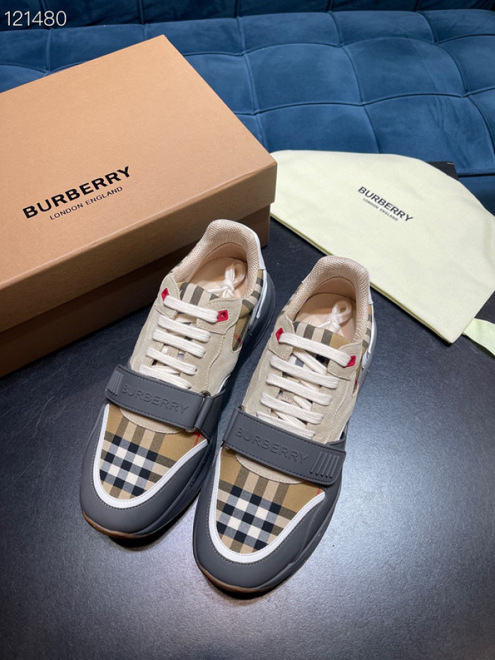 B**rry vintage check, leather and mesh sneakers