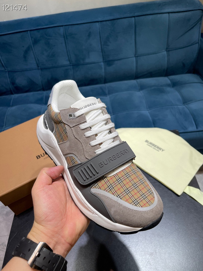 B**rry vintage check, leather and mesh sneakers